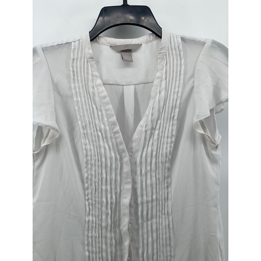 H&M Women's White Pleated Button-Up Short Flutter Sleeve Semi Sheer Top SZ 4
