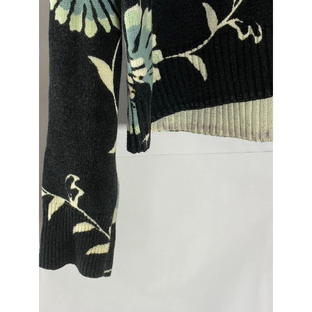 LOFT Women's Black Floral Crewneck Long Sleeve Lightweight Sweater SZ S