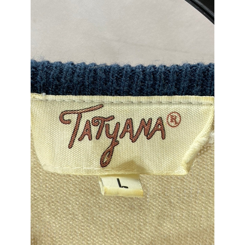 TATYANA Women's Tan-Navy Vintage Patriotic Embroidered Knit 90's Sweater SZ L