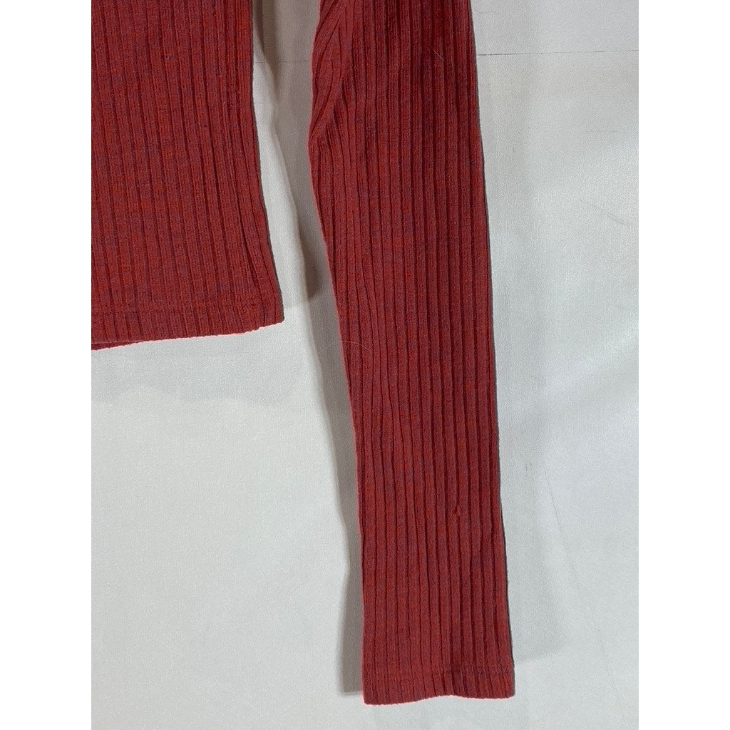 URBAN OUTFITTERS Women's Red Ribbed Square-Neck Long Sleeve Crop Top SZ S