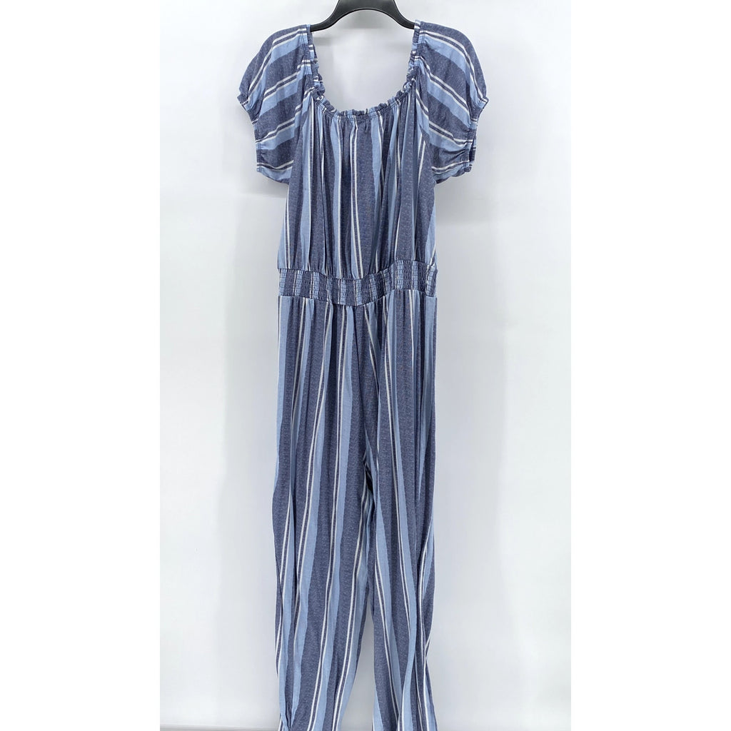 DEREK HEART Women's Blue Plus Striped Short Sleeve Jumpsuit SZ 2X