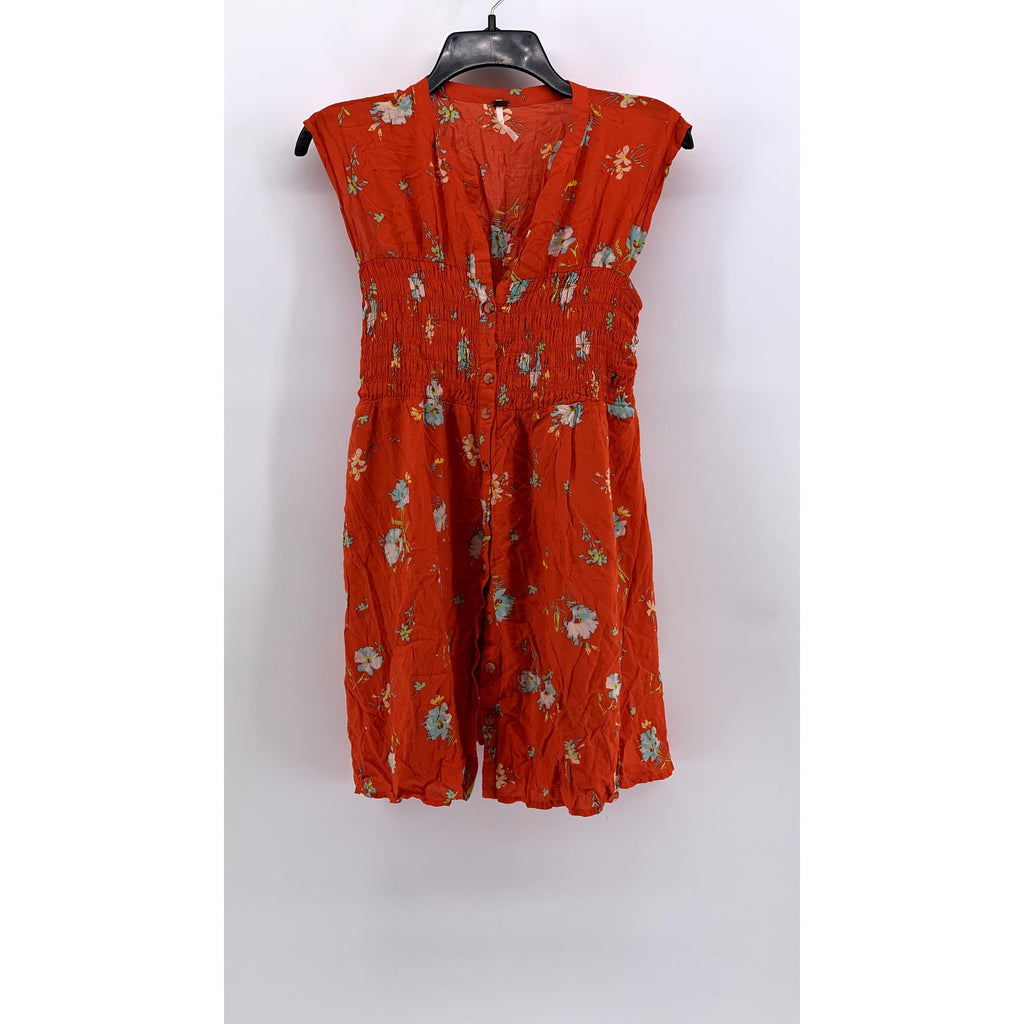 FREE PEOPLE Women's Red Orange Floral V-Neck Short Sleeve Smocked Dress SZ XS