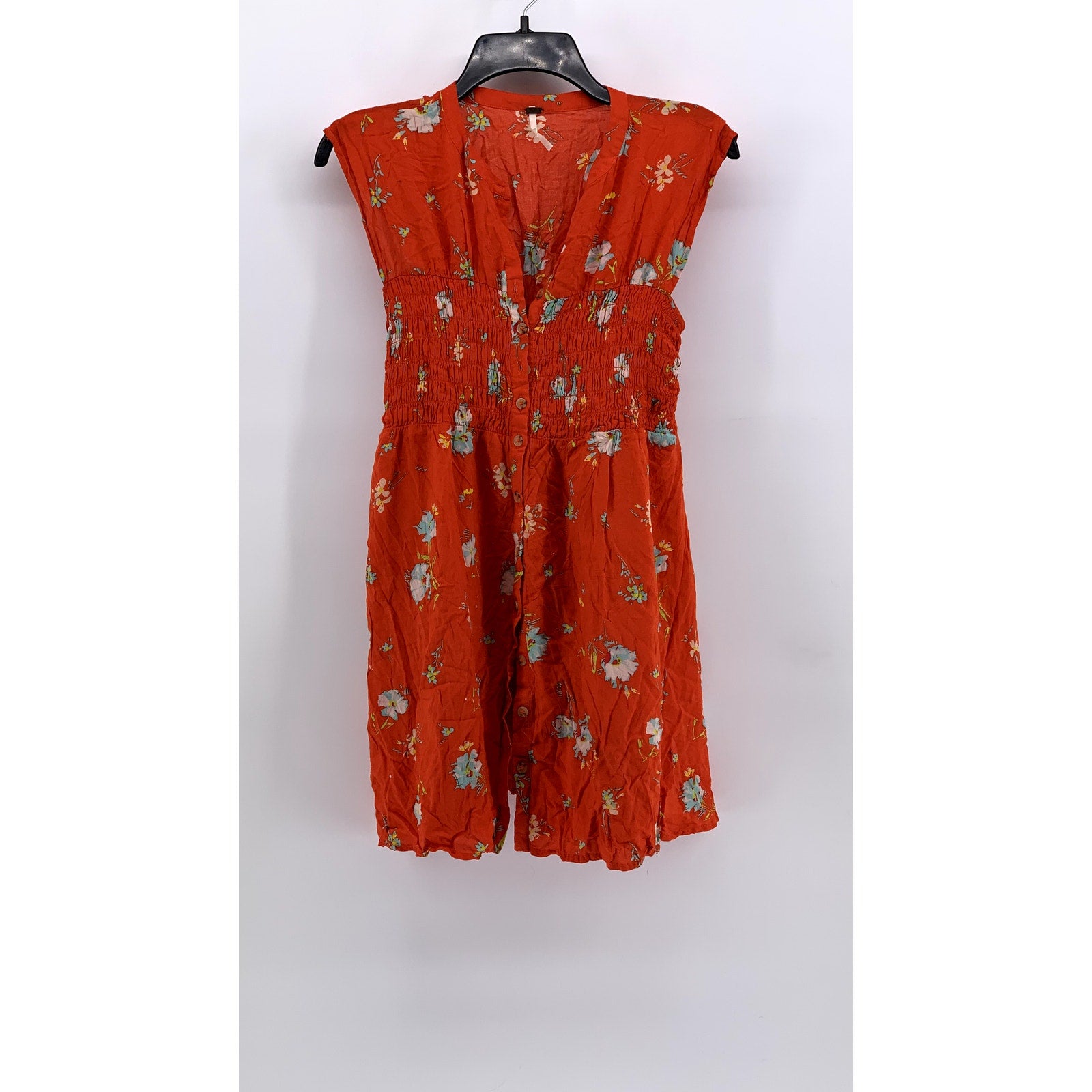 FREE PEOPLE Women's Red Orange Floral V-Neck Short Sleeve Smocked Dress SZ XS