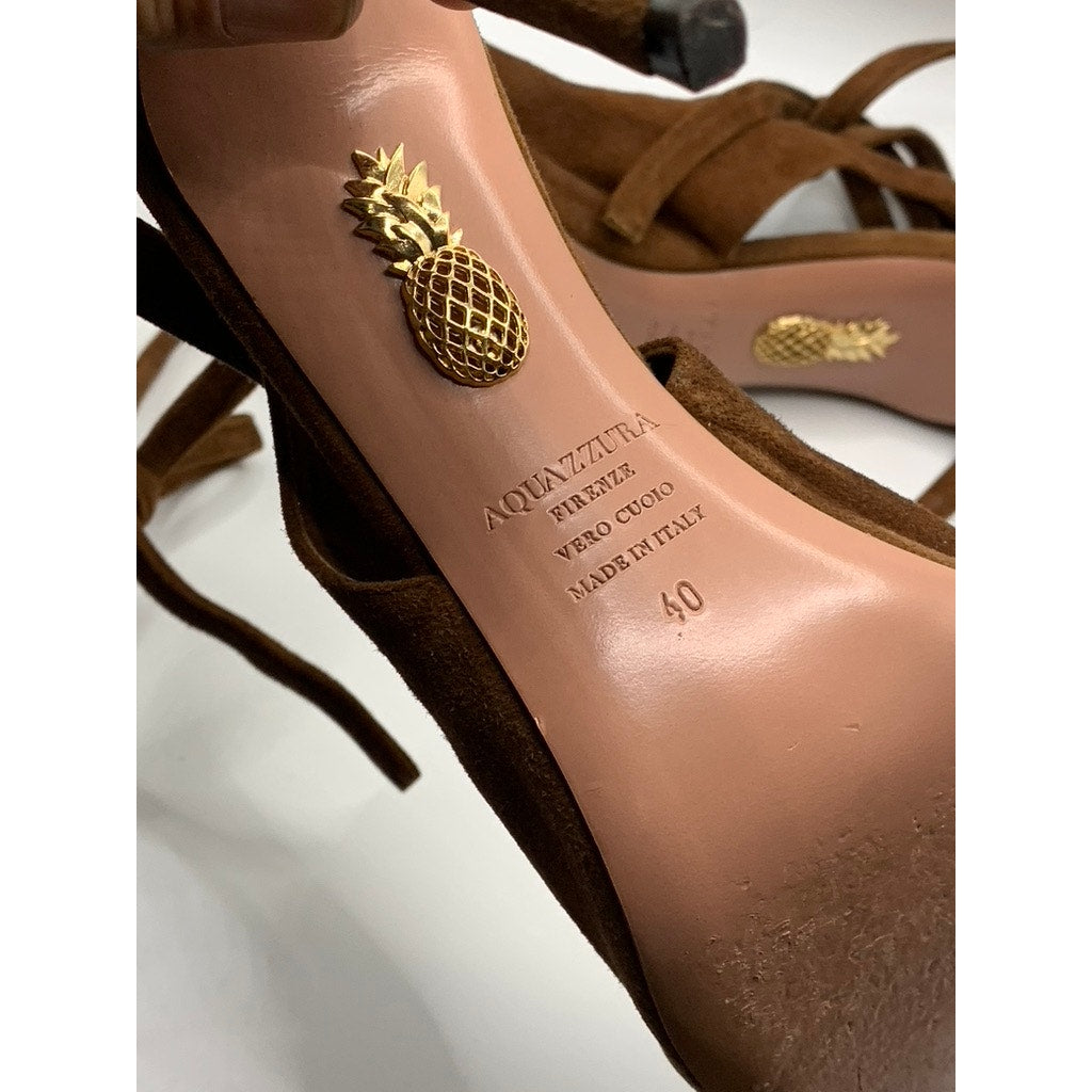 AQUAZZURA Women's Dark Brown Suede Leather Round-Tie Stiletto Heels SZ 40(US10)