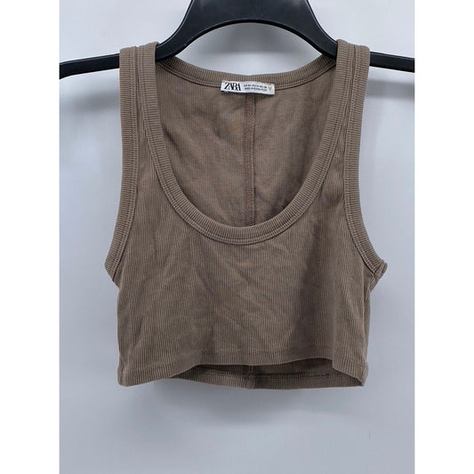 ZARA Women's Brown Ribbed Scoop-Neck Cropped Tank Top SZ M