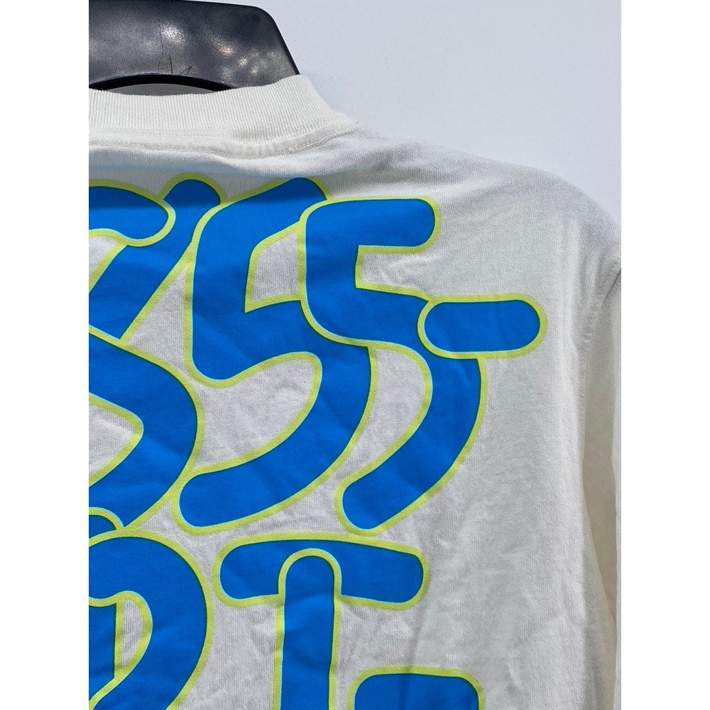UNBRANDED Women's White-Blue Logo Crewneck Casual Long Sleeve T-Shirt SZ M