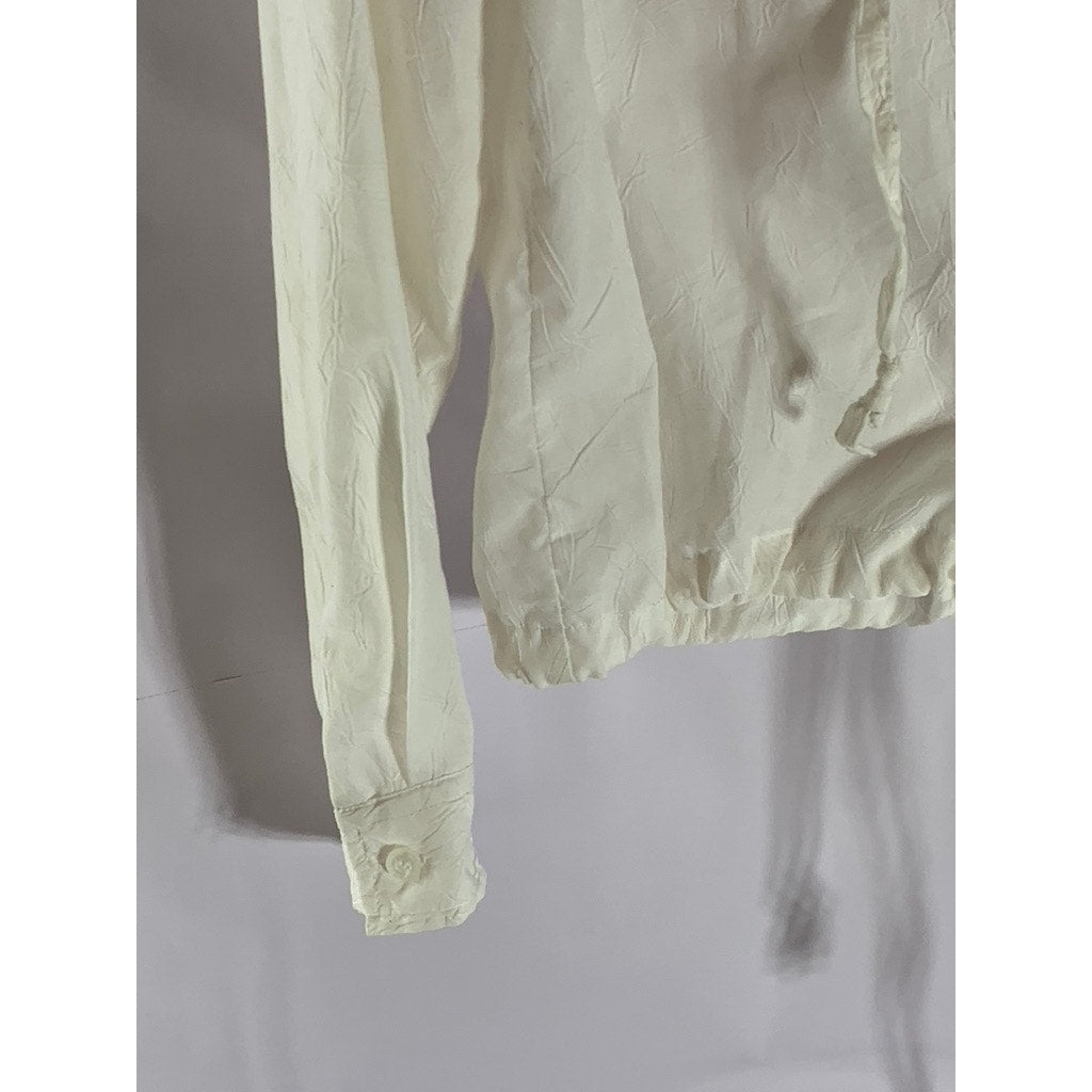 GLORIA VANDERBILT Women's Cream Button-Up Hooded Drawstring Long Sleeve Top SZ M