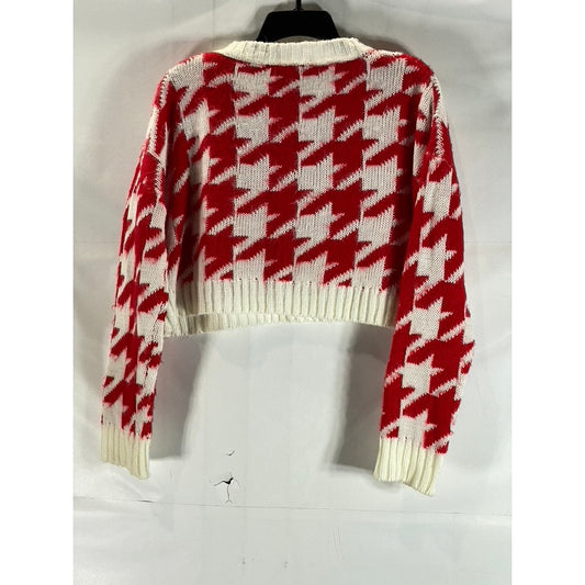 KLESIS Women's Cream/Red Houndstooth Crewneck Knit Cropped Sweater SZ M/L