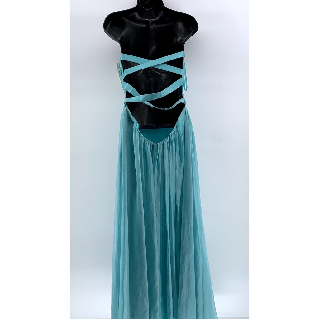 LA FEMME Women's Blue Rhinestone Strappy-Back Strapless Gown SZ 6
