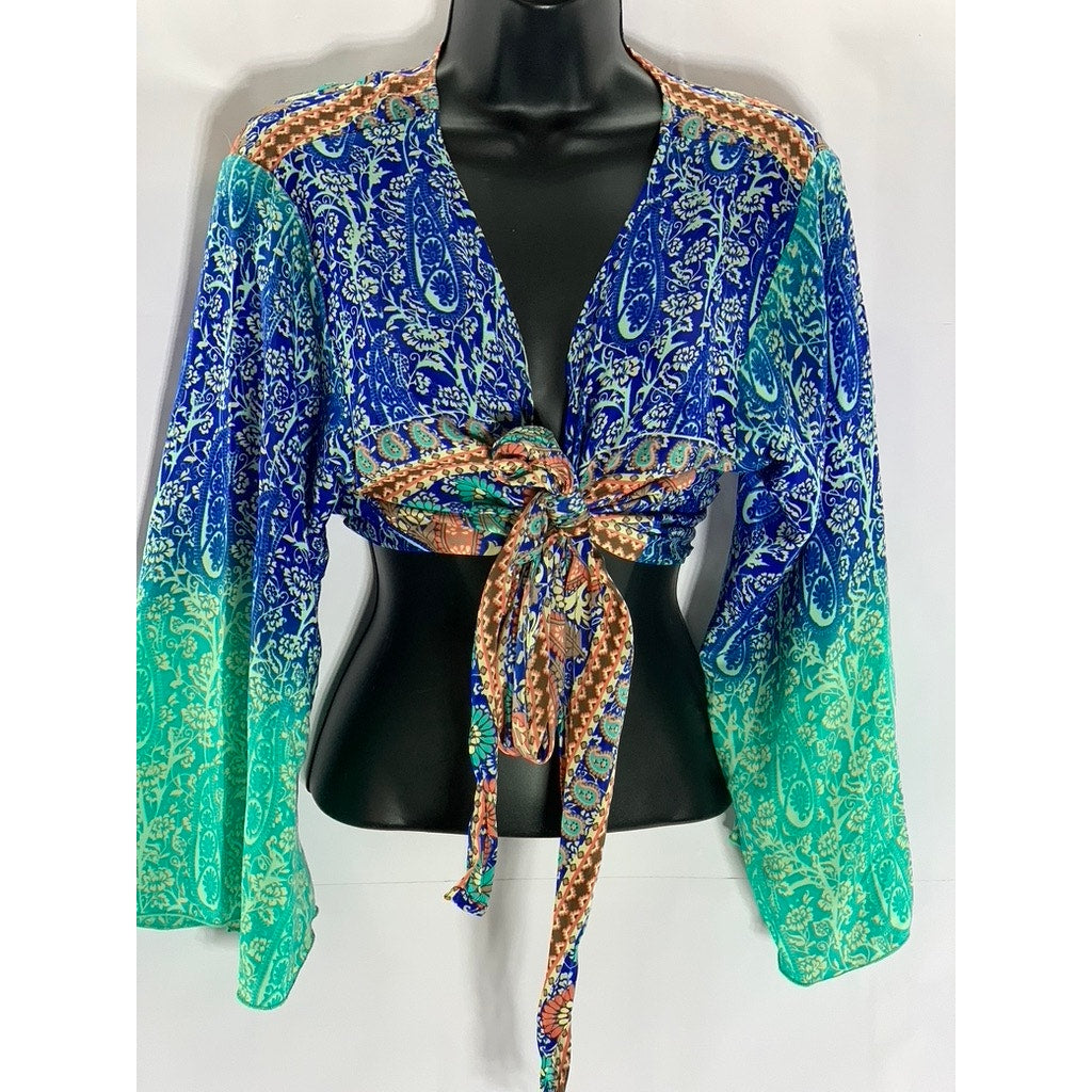 BIG BULL By CAM Women's Blue/Green Floral Paisley Tie-Knot Flare Sleeve Top SZ M