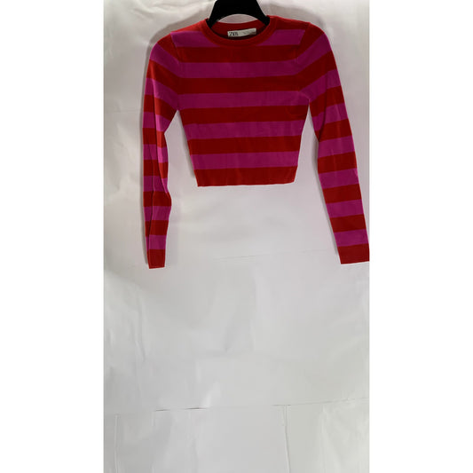 ZARA Women's Pink-Red Striped Crewneck Knit Long Sleeve Crop Top SZ M