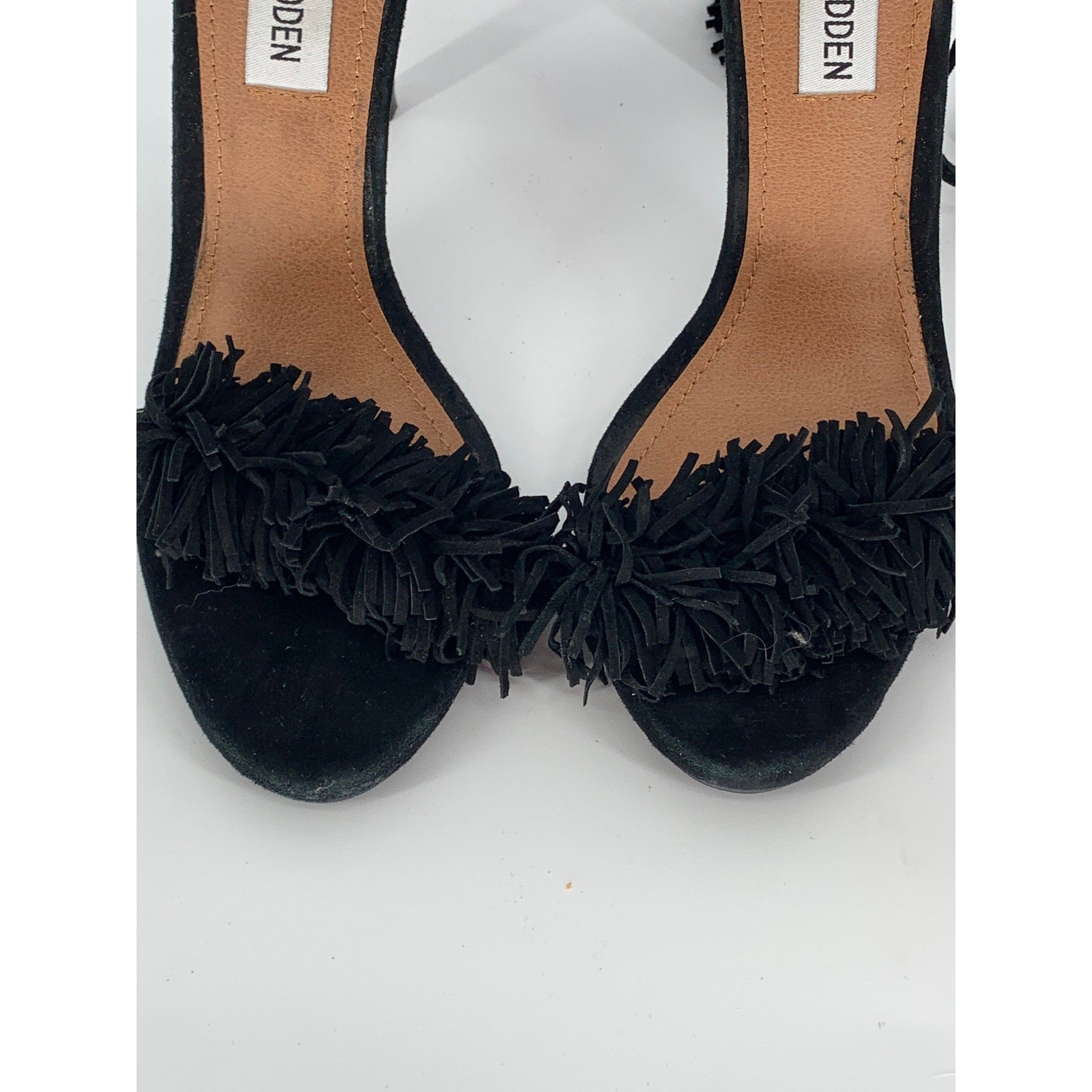 STEVE MADDEN Women's Black Leather Sassey Fringe Gladiator Stiletto Heels SZ 6.5