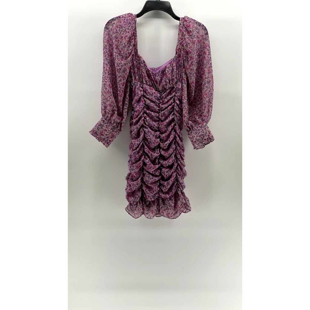 ZARA Women's Lilac Floral Print Ruched Ruffle Balloon-Sleeve Mini Dress SZ S