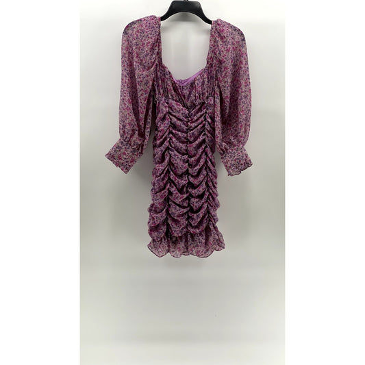 ZARA Women's Lilac Floral Print Ruched Ruffle Balloon-Sleeve Mini Dress SZ S