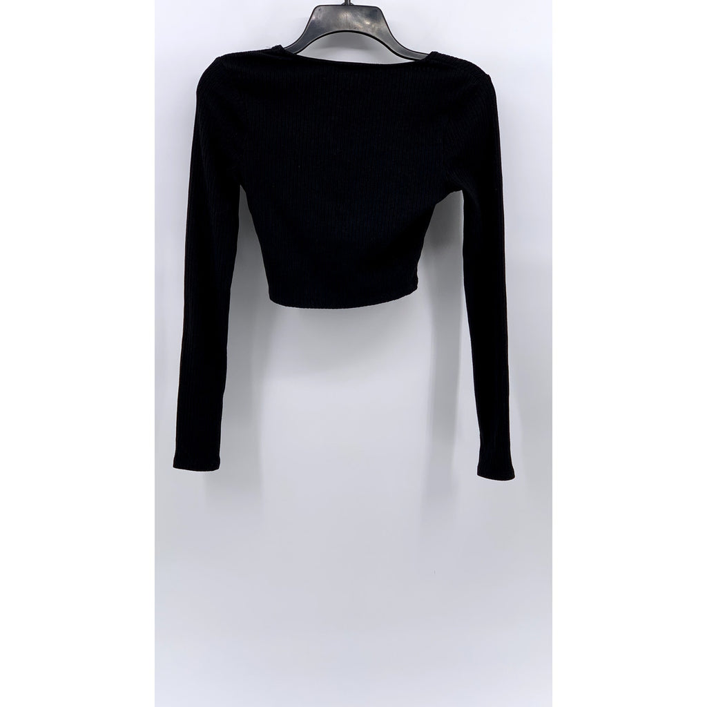 BAR III Women's Black Ribbed Straight-Neck Long Sleeve Crop Top SZ XS