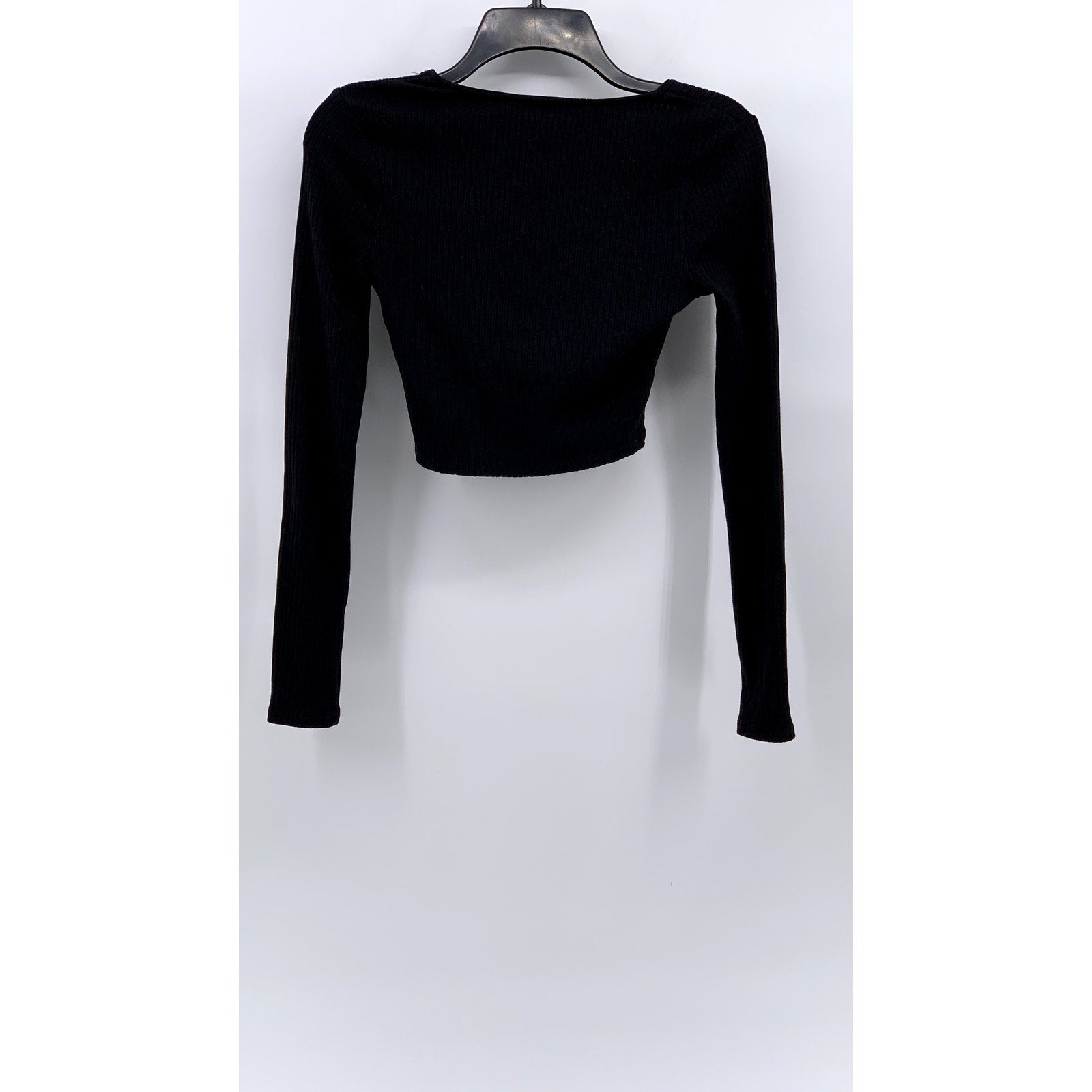 BAR III Women's Black Ribbed Straight-Neck Long Sleeve Crop Top SZ XS