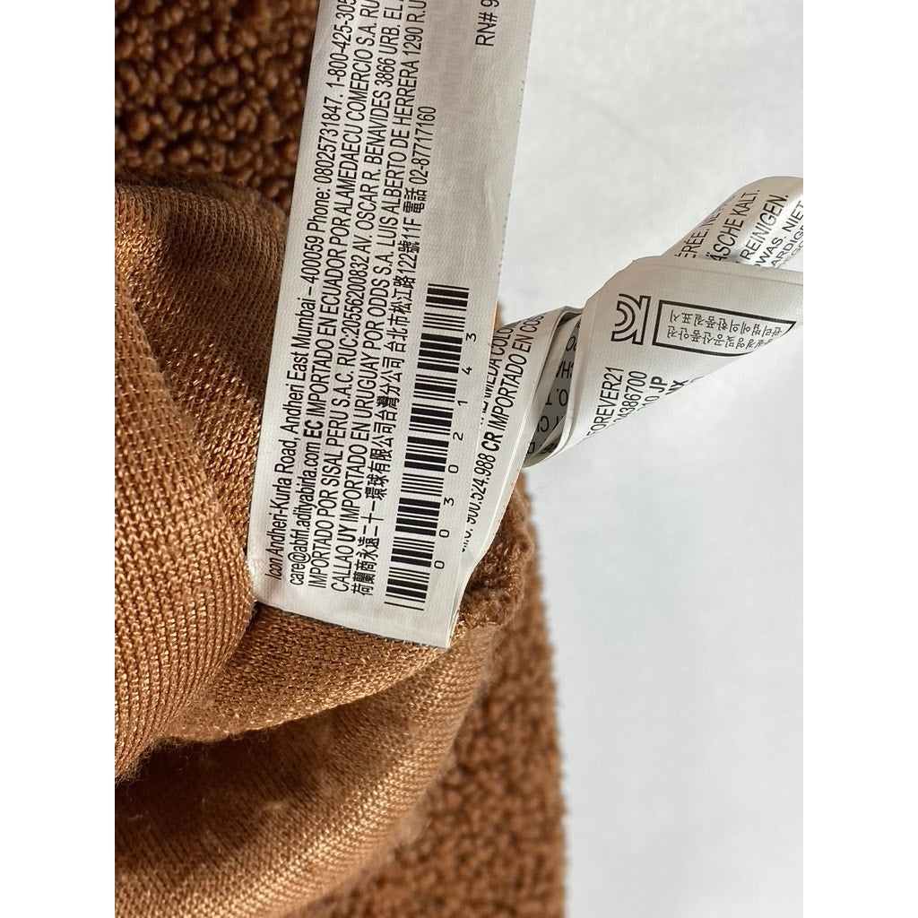 FOREVER 21 Women's Brown Faux-Fur Teddy Full-Zio Bomber Jacket SZ M