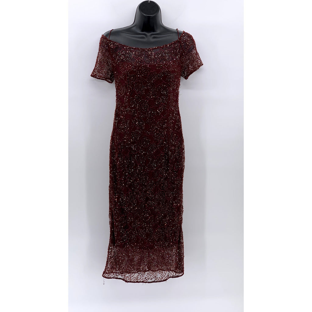 UNBRANDED Women's Burgundy Beaded Mesh Cold Shoulder Short Sleeve Dress SZ S