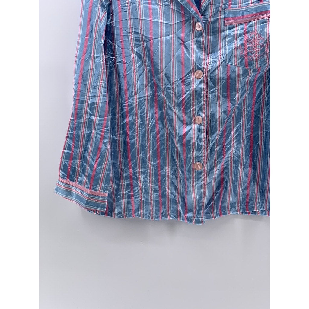 KATHRYN Women's Blue-Pink Striped Lightweight Long Sleeve Button-Up Top SZ S