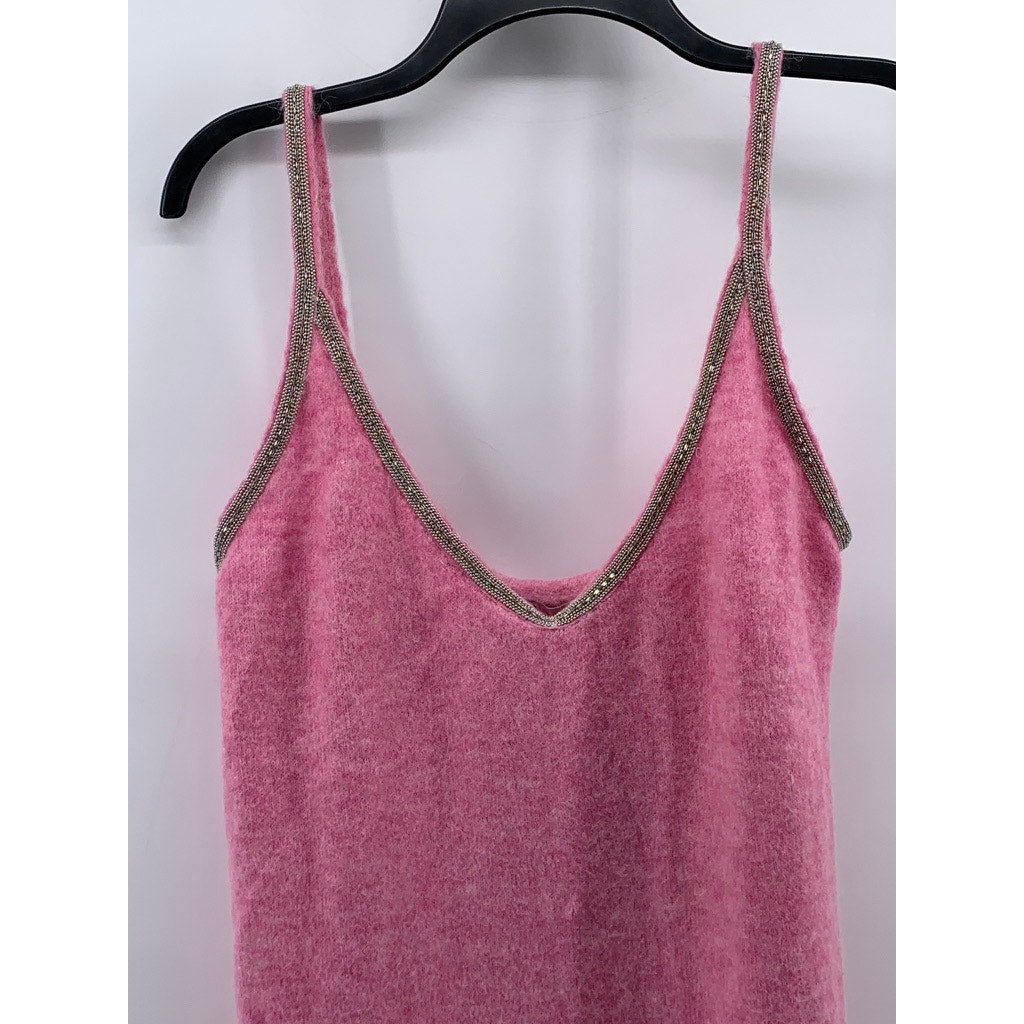 ZARA Women's Pink V-Neck Alpaca-Wool Blend Embellished A-Line Mini Dress SZ L