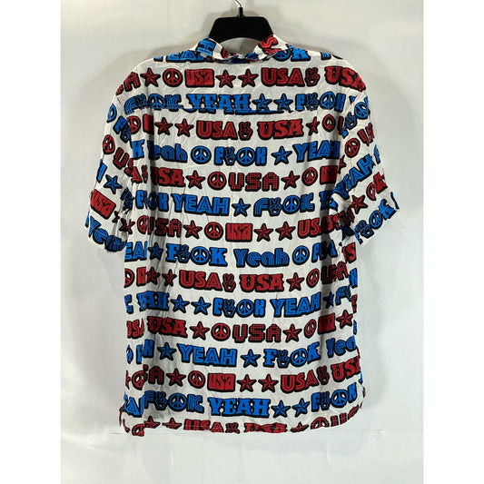 URBAN OUTFITTERS Men's White/Red/Blue "F YEAH" Graphic Button-Up Shirt SZ L