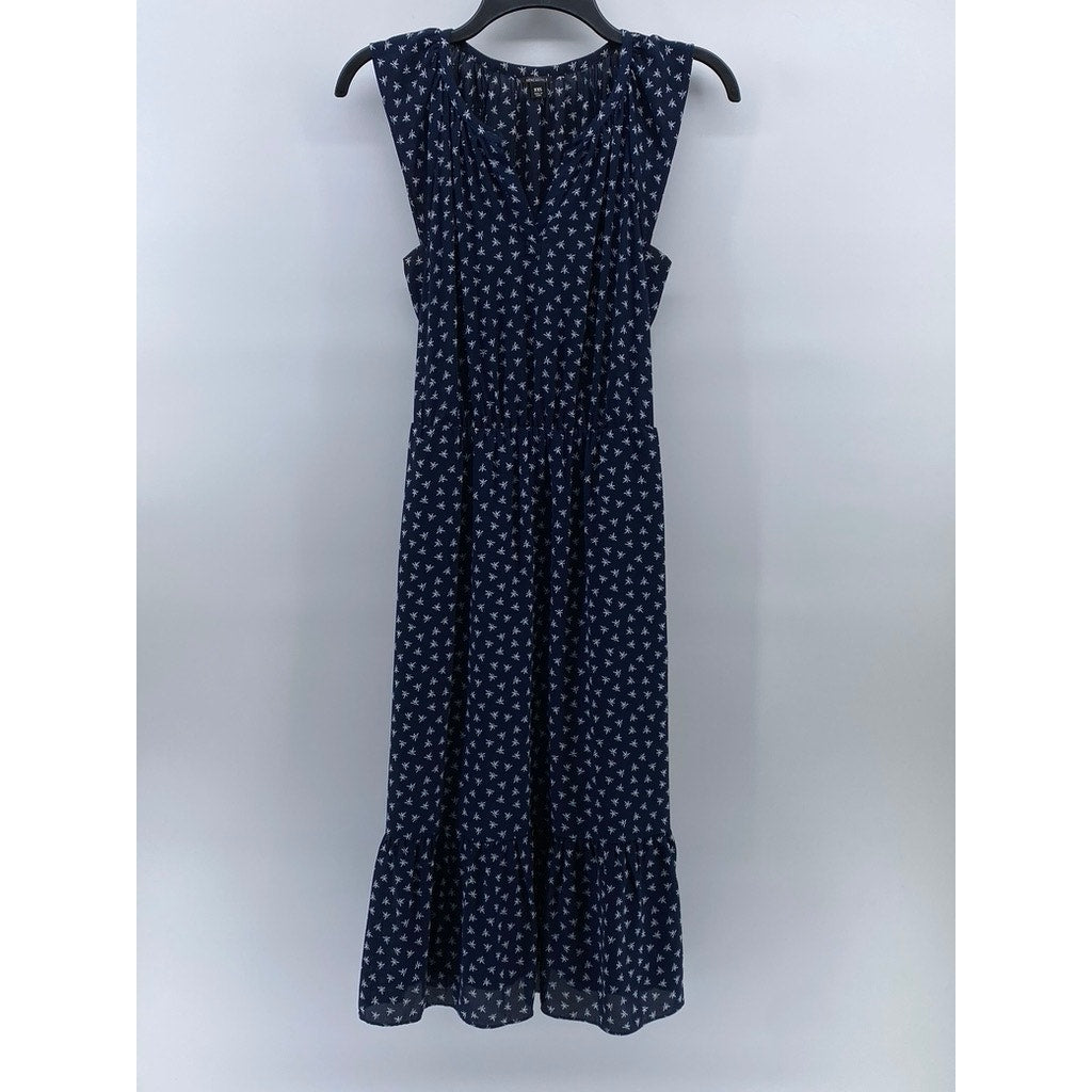 J.CREW MERCANTILE Women's Blue-White Printed Split-Neck Midi A-Line Dress SZ XXS
