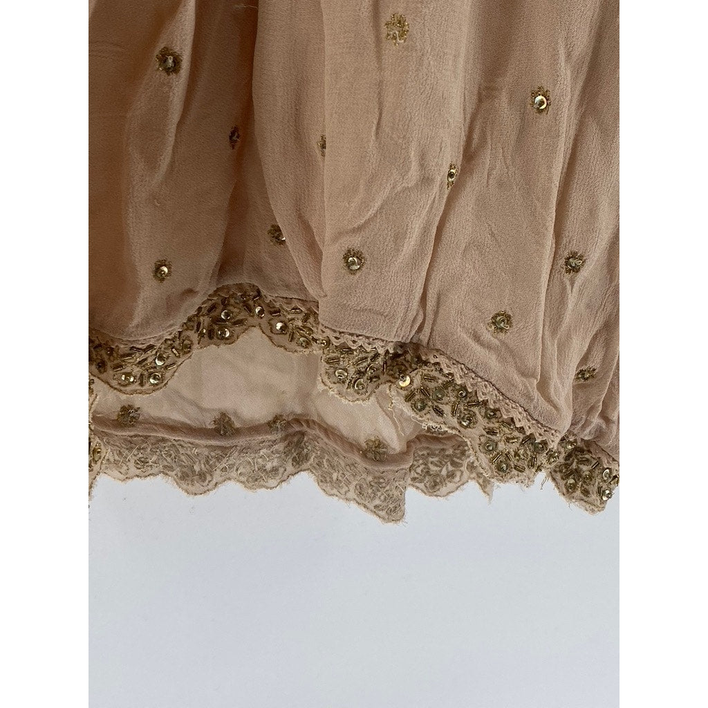 LOVE SAM Women's Petite Beige Sequin Embellished Sheer V-Neck Mini Dress SZ S/P