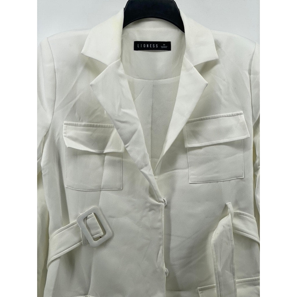 LIONESS Women's White Button-Up Long Sleeve Notch Collar Belted Mini Blazer SZ M