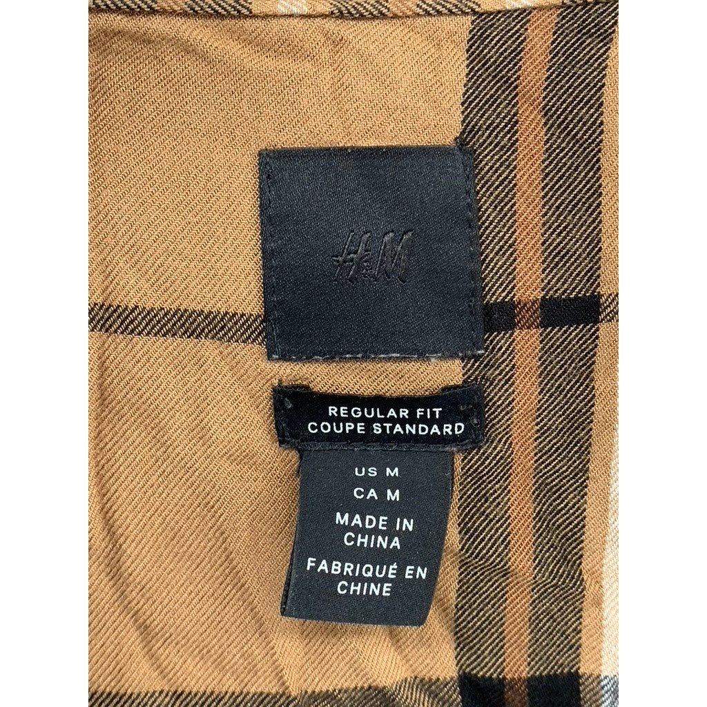 H&M Men’s Tan-Black Plaid Button-Up Regular Fit Shirt SZ M