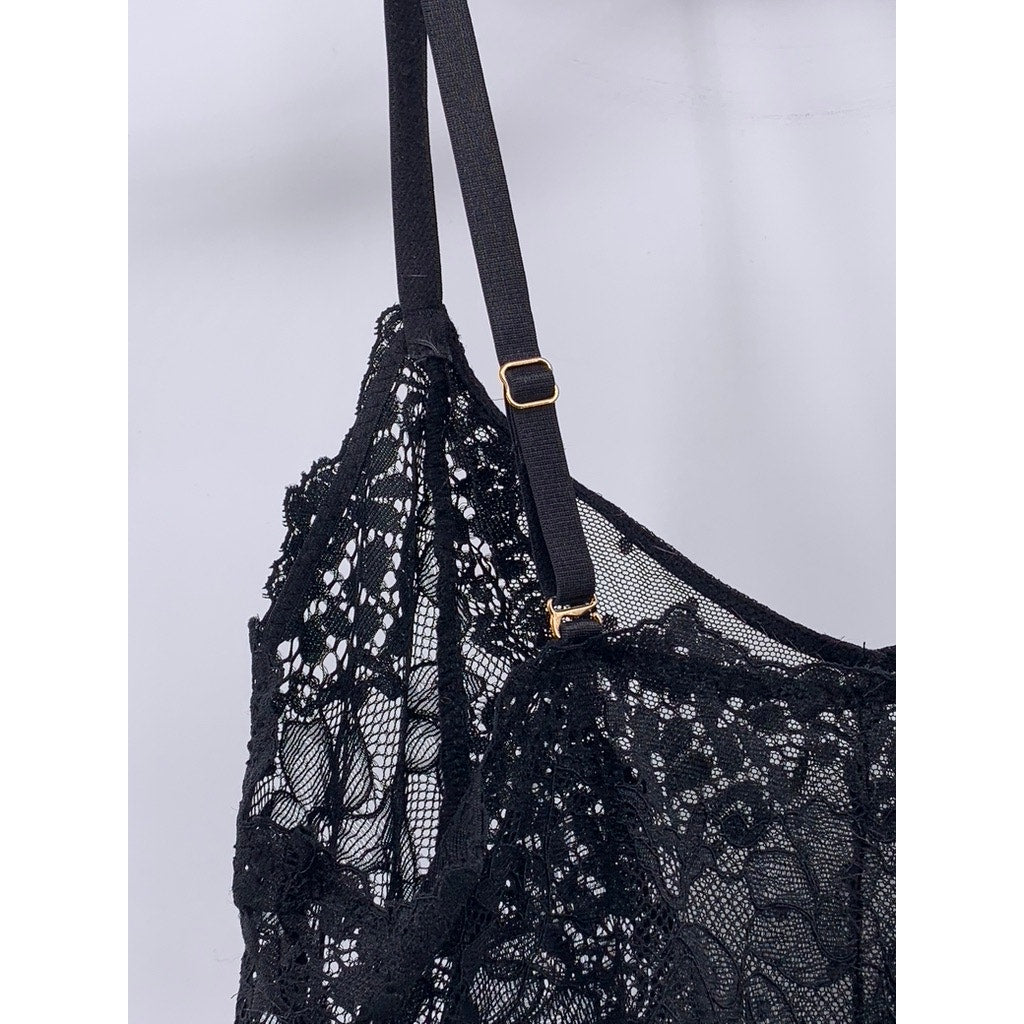 HONEYDEW INTIMATES Women's Black Lace Spaghetti Strap V-Neck Bodysuit SZ M