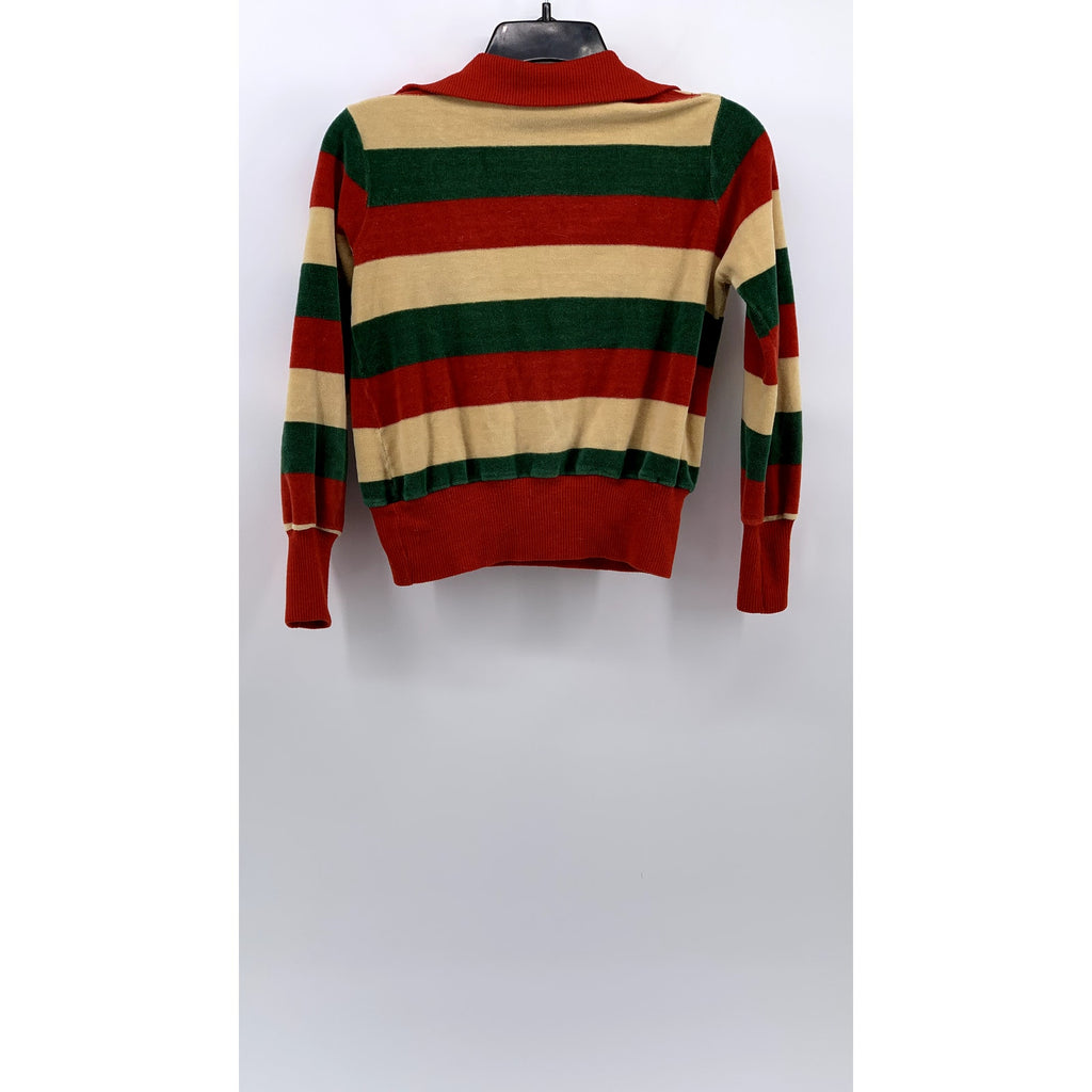 BLOOMIN TULIPS Women's Vintage Green-Yellow-Red Striped Long Sleeve Polo Top SZS