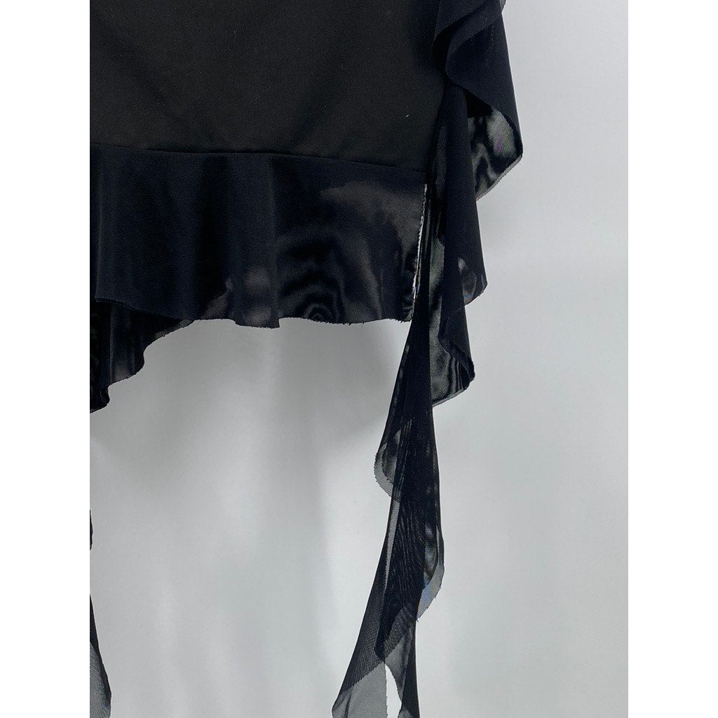 UNBRANDED Women's Black Asymmetrical Mesh Ruffle Hem Pull-On Mini Skirt SZ XS