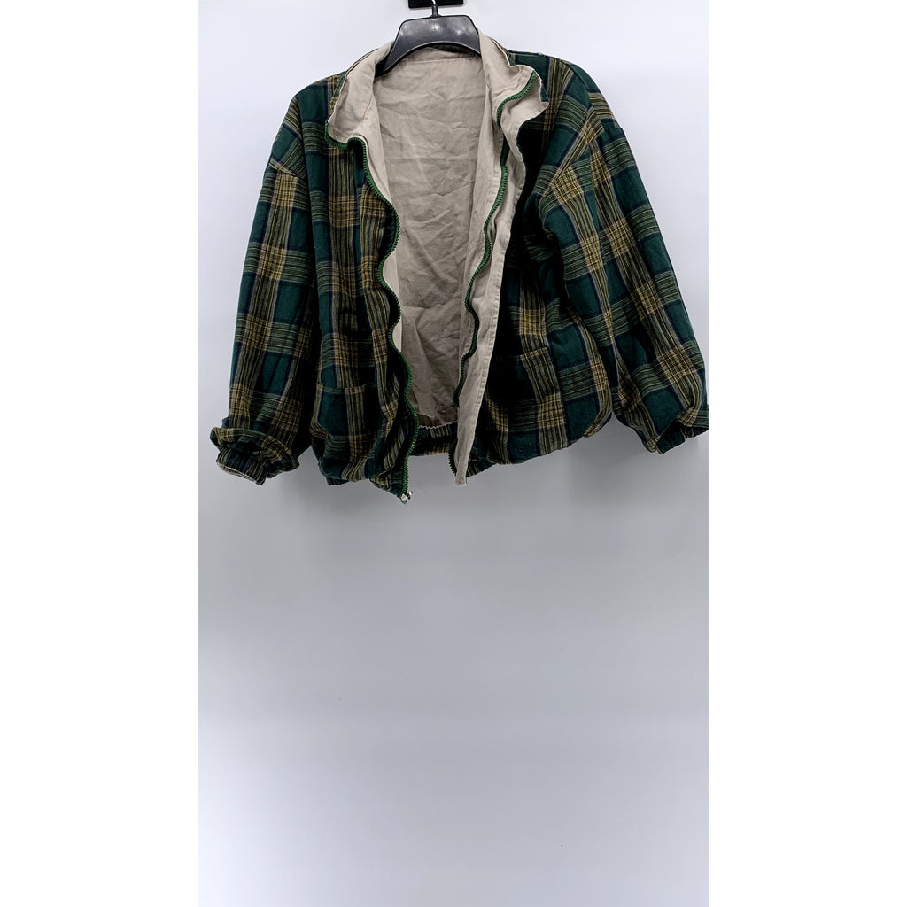 TONG HAUL Men's Vintage Beige-Green Plaid Reversible Zip-Up Jacket SZ S