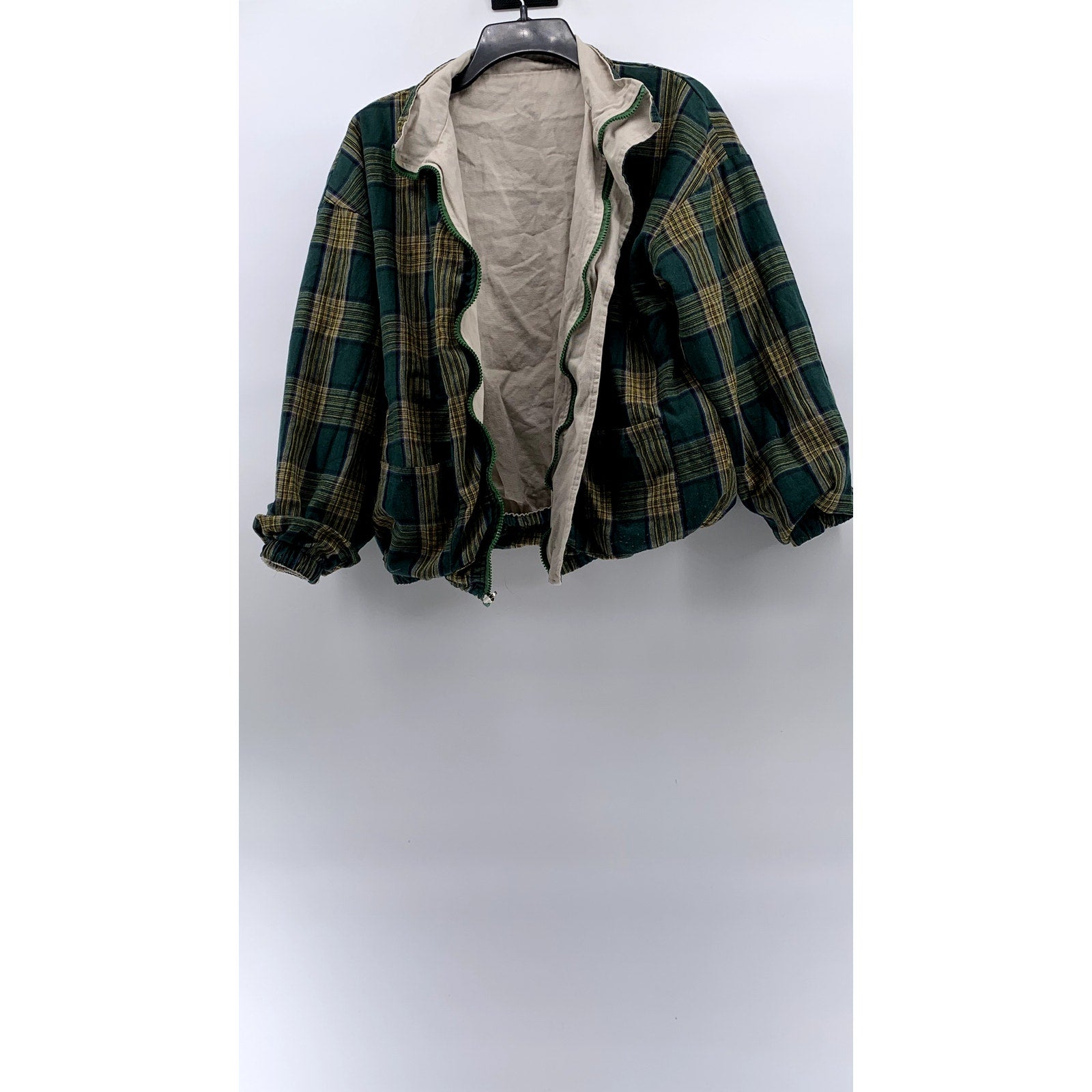 TONG HAUL Men's Vintage Beige-Green Plaid Reversible Zip-Up Jacket SZ S