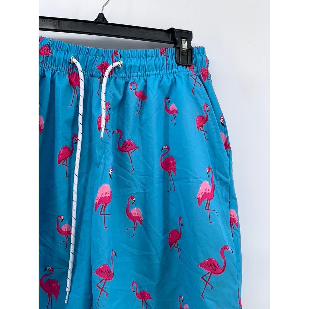 UNBRANDED Men's Light Blue Pink Flamingo Print Drawstring Waist Shorts SZ M