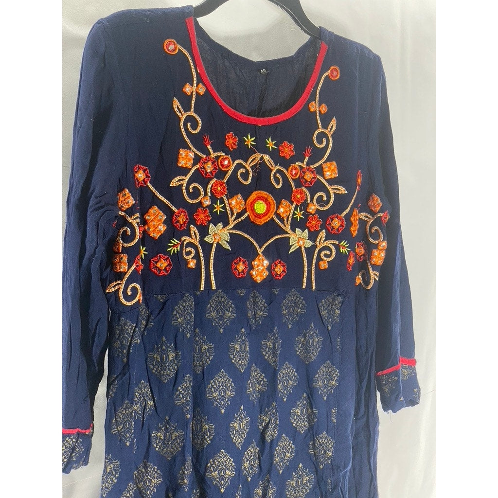 UNBRANDED Women’s Navy/Red Printed Crewneck Long Side-Slit Kurti Dress SZ 46(XL)