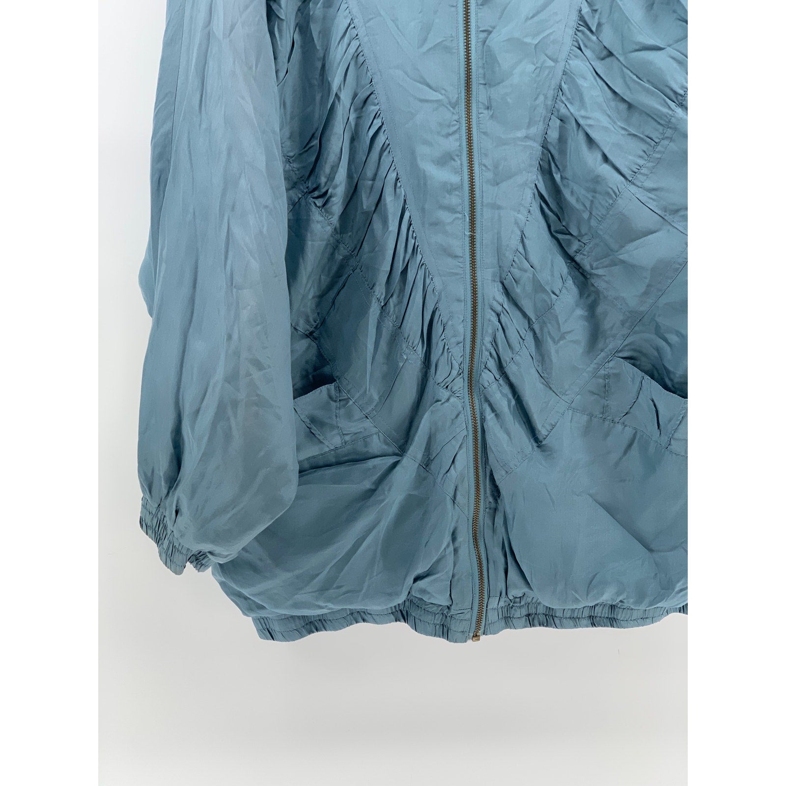 ROBERT STOCK Men's Vintage Blue Silk Pleated Zip-Up Bomber Jacket SZ M