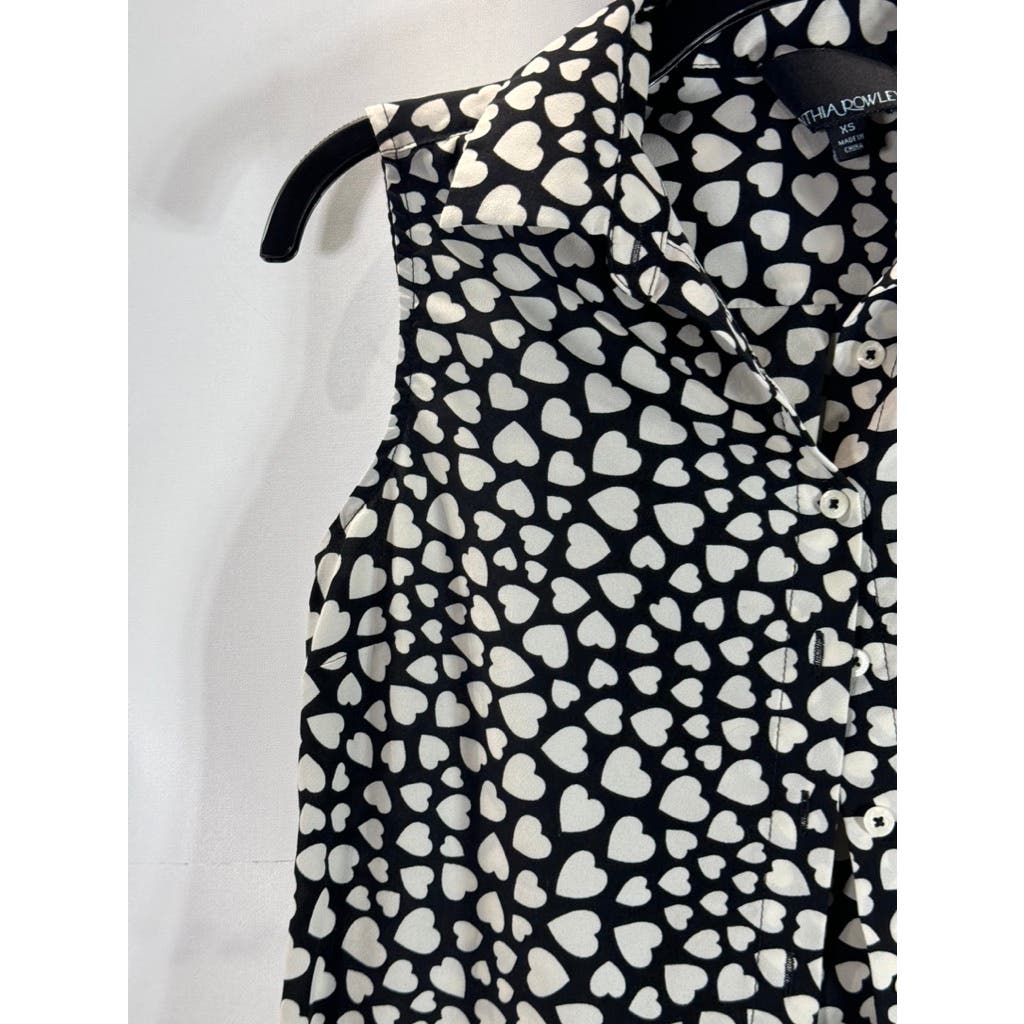 CYNTHIA ROWLEY Women's Black/White Heart Print Sleeveless Button-Up Top SZ XS