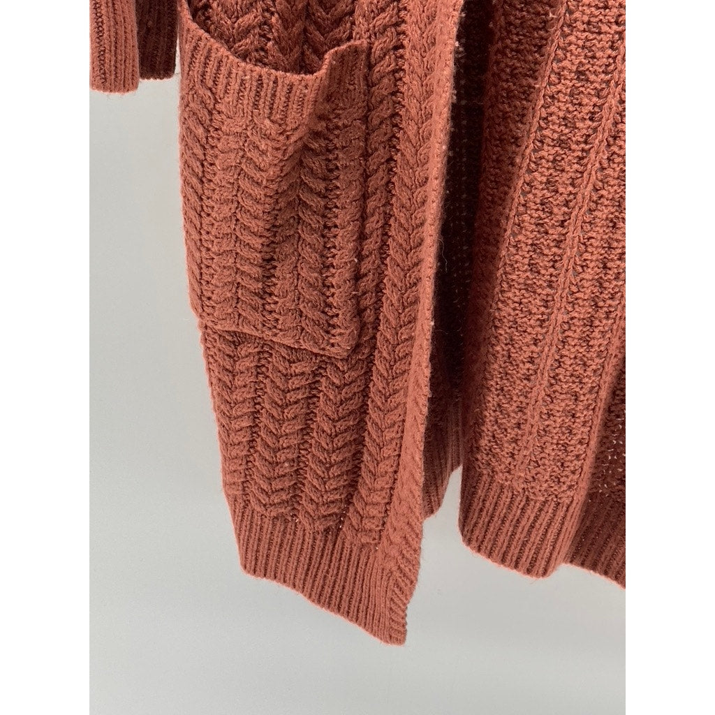 PINK ROSE Women's Rust Knit Open-Front Hooded Long Sleeve Duster SZ S