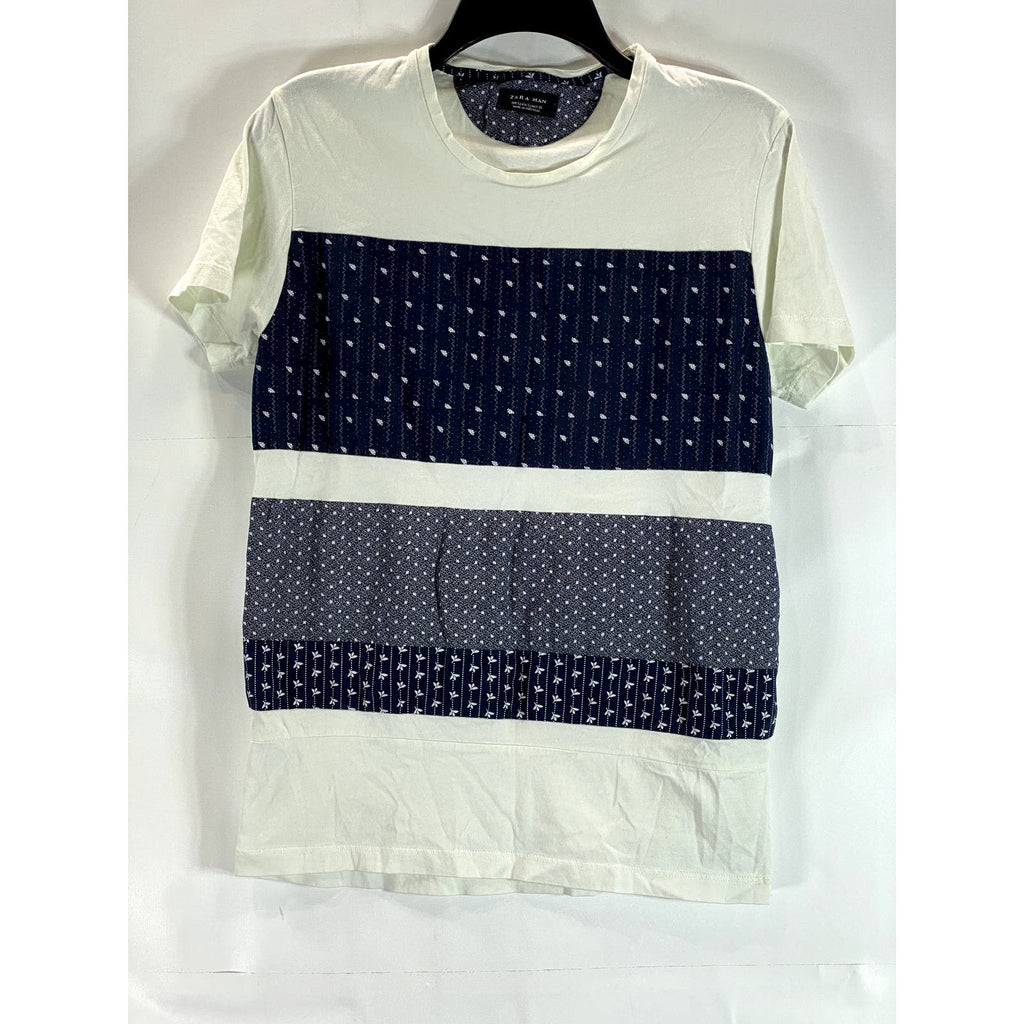 ZARA MAN Men's Navy/White Printed Colorblock Crewneck Short Sleeve T-Shirt SZ S