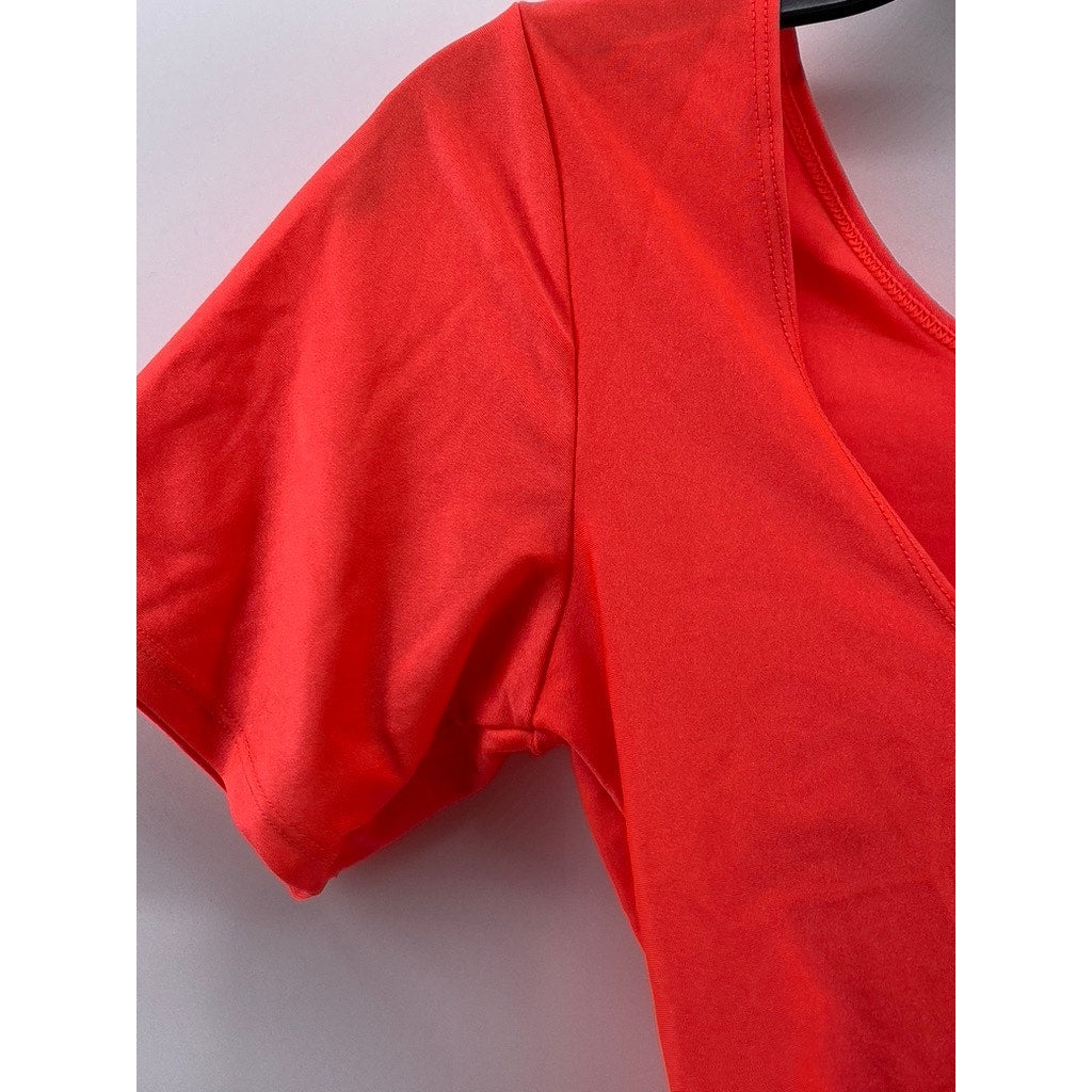 ROMA CONCEPT Women's Neon Orange Crewneck Short Sleeve Cheeky Bodysuit SZ L