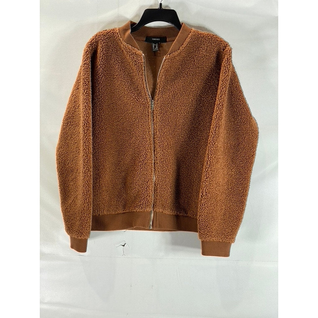 FOREVER 21 Women's Brown Faux-Fur Teddy Full-Zio Bomber Jacket SZ M