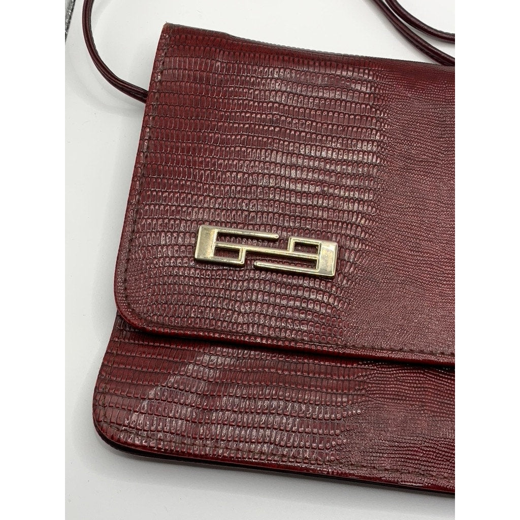 Women's Vintage Burgundy Snakeskin Flap Snap Button Cross Body Clutch Bag