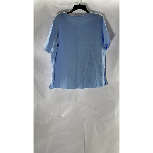 UNBRANDED Women's Blue Floral Snap-Button Crewneck Short Sleeve Top SZ 3XL