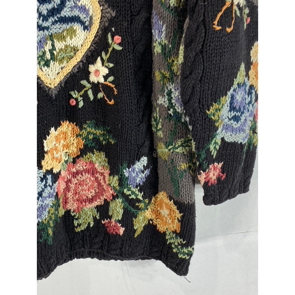 CRYSTAL-KOBE Women's Black Vintage Floral Thick Knit Crewneck Sweater SZ M