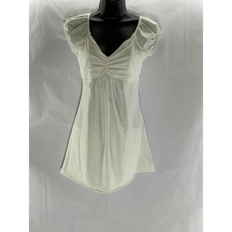 UNBRANDED Women's White Ruched V-Neck Tie-Back Short Sleeve Mini Dress SZ S