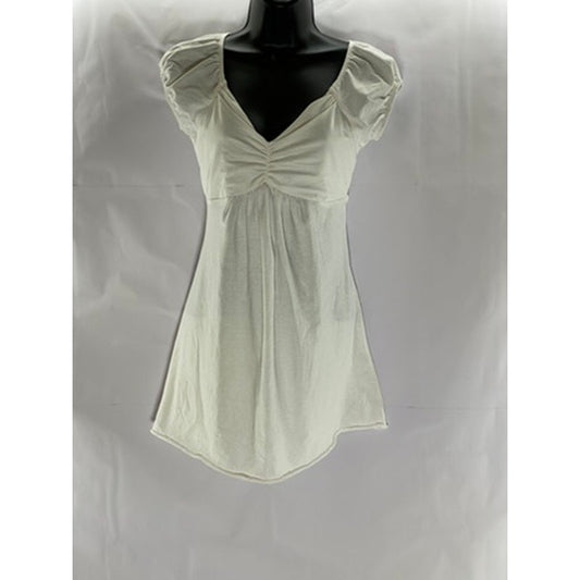 UNBRANDED Women's White Ruched V-Neck Tie-Back Short Sleeve Mini Dress SZ S