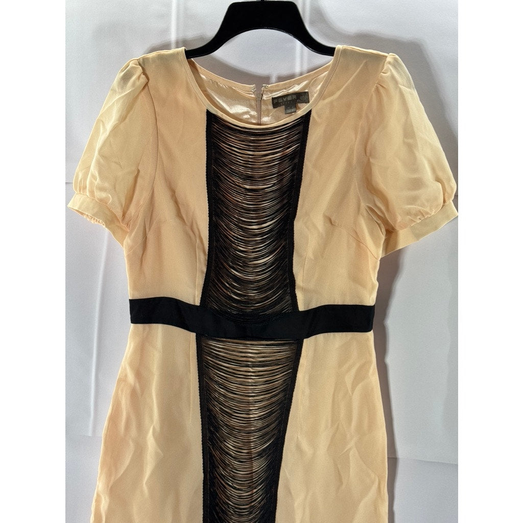 FEVER LONDON Women's Beige/Black Crewneck Fringe Short Sleeve Dress SZ 8