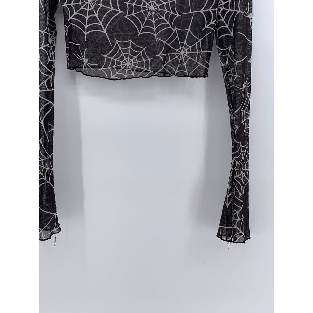 SHEIN Women's Black-White Mesh Spider Web Print Long Sleeve Mock Crop Top SZ 6
