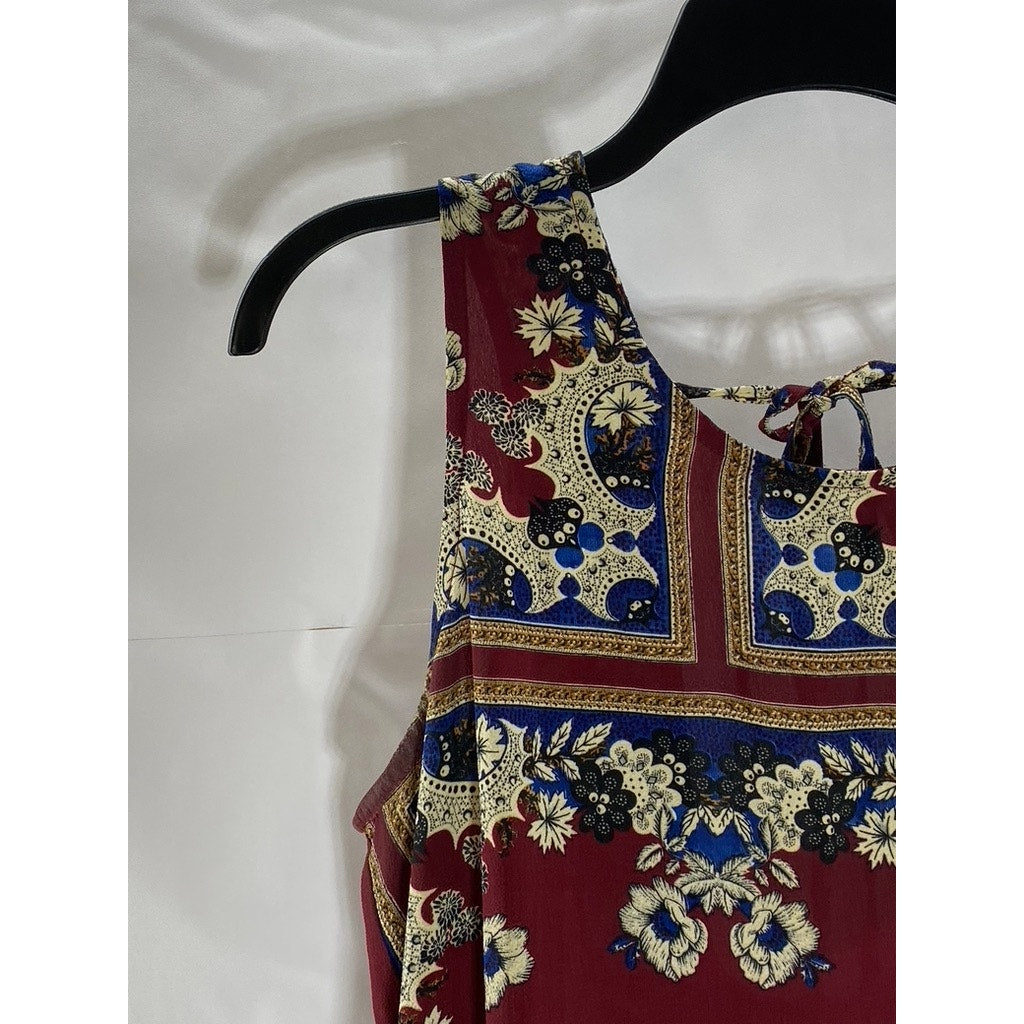 JODIFL Women's Burgundy-Beige-Blue Printed Scoop-Neck Tank Mini Dress SZ M